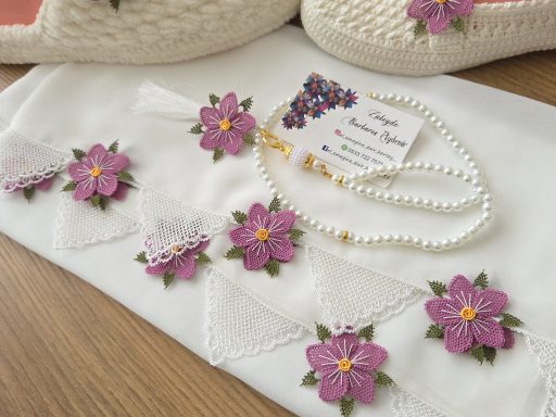 gül kurusu çiçekli, beyaz, 3'lü set