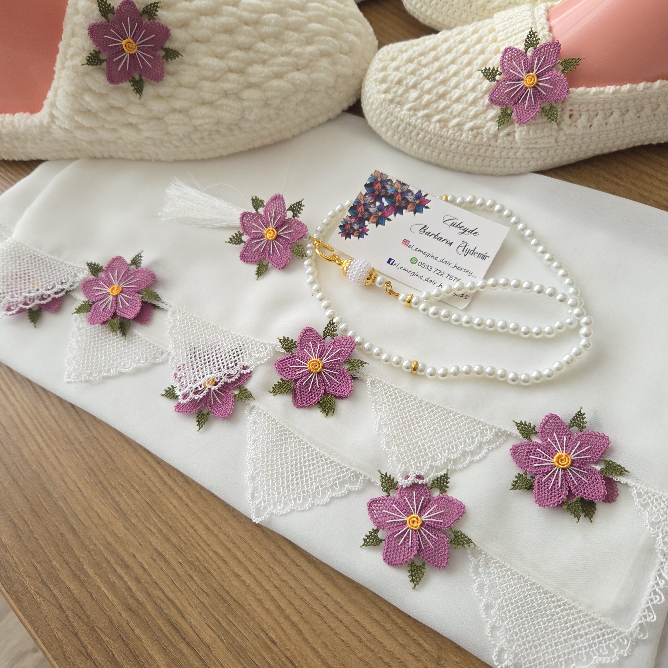 gül kurusu çiçekli, beyaz, 3'lü set