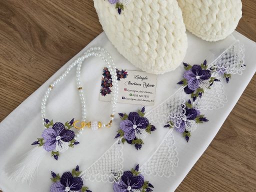 Mor beyaz çiçekli, beyaz 3 lü set