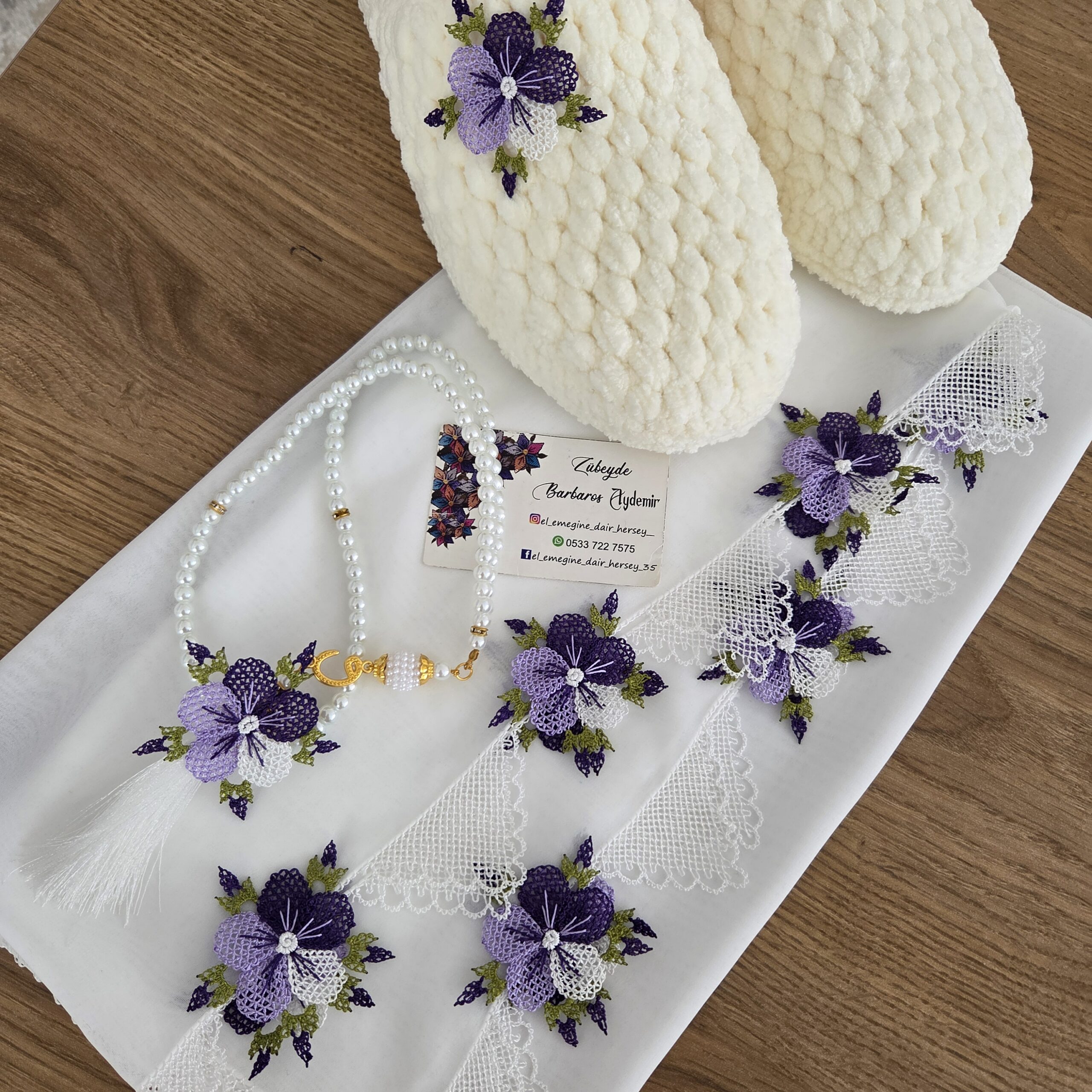Mor beyaz çiçekli, beyaz 3 lü set