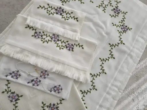 MOR ve BEYAZ ÇİÇEKLİ, SARMAŞIK DESEN, 6'LI SET