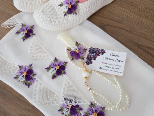 MOR ÇİÇEKLİ, BEYAZ, 3 LÜ SET