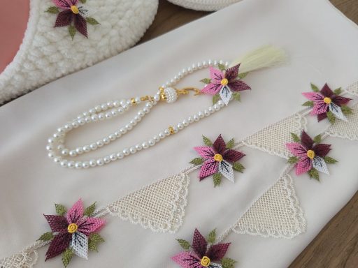 Krem örtü, pembe, bordo çiçekli 3 lü set